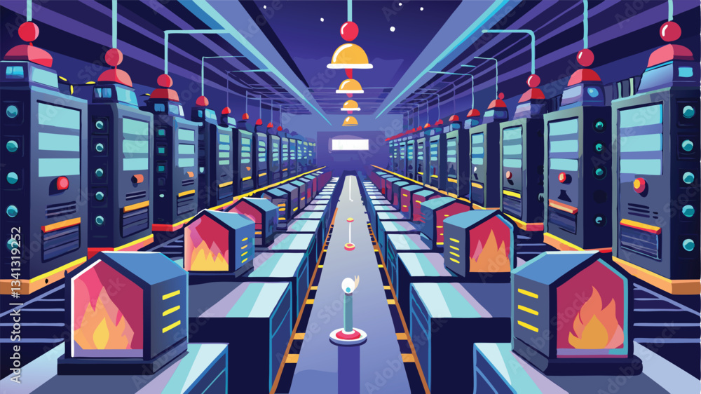 Poster rows of server racks in a data center create a vibrant, high-tech environment in a digital world of 