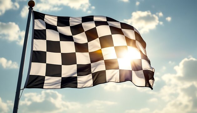Waving Checkered Flag with Sunlight in a Blue Sky Victory Concept
