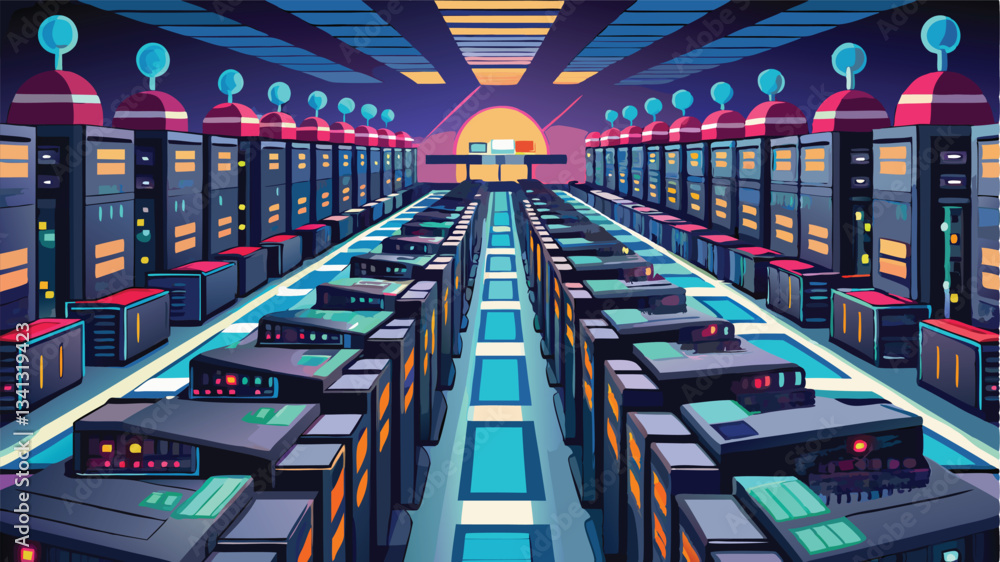 Poster rows of server racks in a data center create a vibrant, high-tech environment in a digital world of 