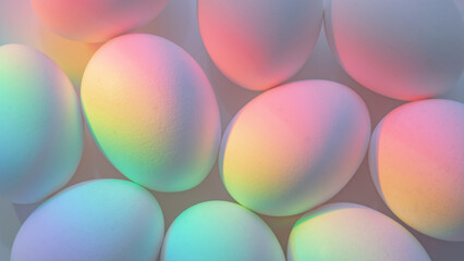 White eggs in colorful light setting. Minimalist Easter background.