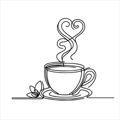 Continuous thin line coffee cup with smoke vector illustration, minimalist sketch doodle for cafe