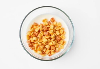 A single bowl of cornflakes, partially submerged in a small amount of milk,  rustic,  white bowl