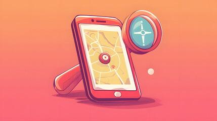 Professional Vector Illustration of GPS Application with Compass and Magnifying Glass Cartoon for Navigation and Exploration
