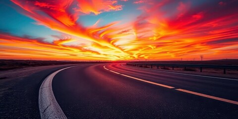 Asphalt ribbon unwinds towards a vibrant sunrise, sky ablaze with color, straight, daybreak