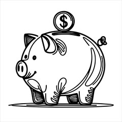 Piggy bank in continuous line art drawing style. Pig moneybox black linear sketch isolated on white background