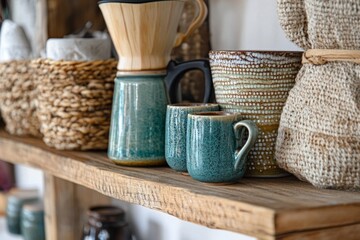 indoor aesthetic concept green glass cups attached to the wall, wooden coasters that hold knitted bags and ceramic cups, interior home decoration