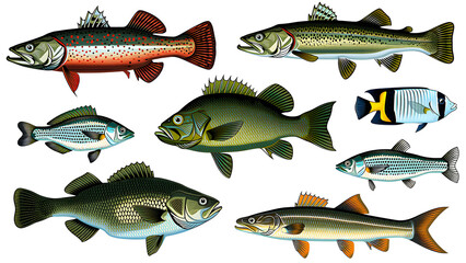 set of fishes.Vector collection of different kinds of freshwater fish. Fresh aquatic fish, sturgeon and walleye, perch and crappie illustration