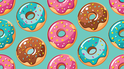 Colorful assortment of donuts with various toppings on a bright blue background creating a playful dessert pattern