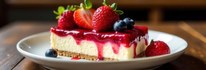 Delicious berry-topped cheesecake slice with fresh strawberries and blueberries
