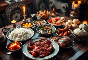 A table laden with steaming rice, juicy roasted meat, fresh fruit, fluffy steamed buns, alongside burning incense and candles,  golden,  peace