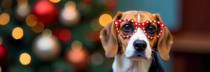 Beagle with festive glasses in front of blurred holiday lights