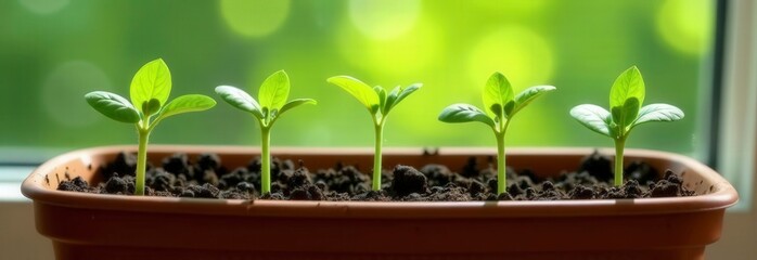 Young green seedlings growing in a windowed pot with vibrant background
