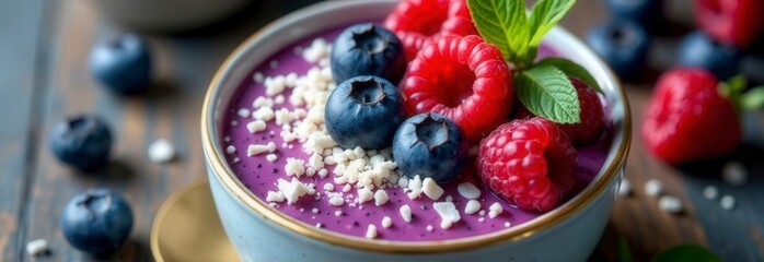 Vibrant berry smoothie bowl with blueberries, raspberries, and mint garnish