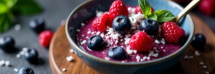 Delicious berry smoothie bowl with fresh blueberries and raspberries