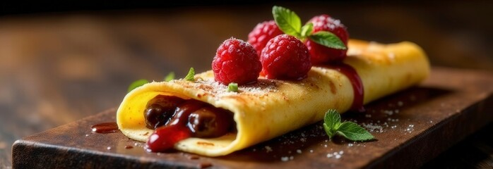 Delicious crepe with raspberries and mint on rustic wooden board