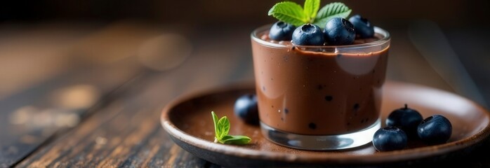 Decadent chocolate mousse with fresh blueberries on wooden plate
