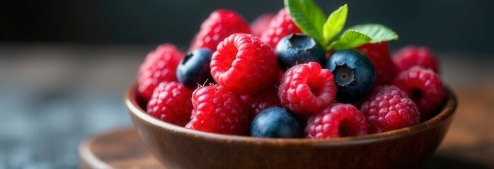 Fresh raspberries and blueberries in wooden bowl with green leaves