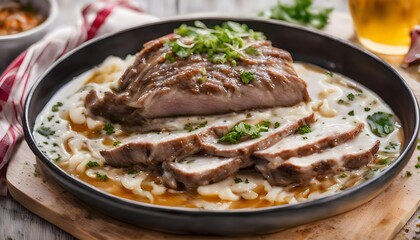 Pork shoulder in honey parmesan and soy souse, prepared in slow cooker or crockpot, on a wooden board, horizontal 
