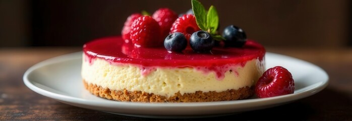 Delicious berry topped cheesecake on white plate with raspberry garnish and mint leaf decoration