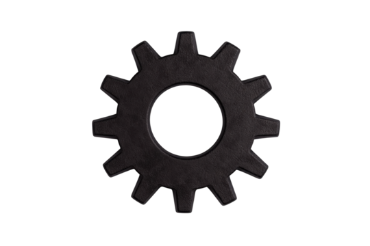 A black gear with distinct teeth and a central hole, representing mechanical components and engineering design.