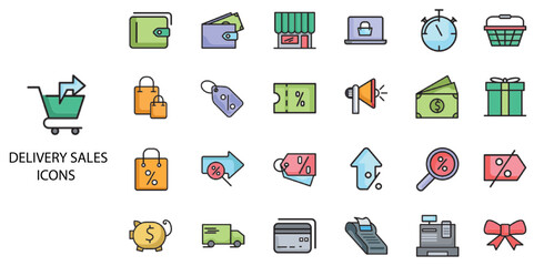 Delivery Sales simple concept 24 color icons set. Contains such shopping cart, delivery, flow, user, commerce, buy, order .Vector illustration.