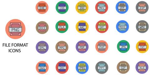 File Format simple concept 24 color icons set. Contains such document, file, video, audio, format .Vector illustration.