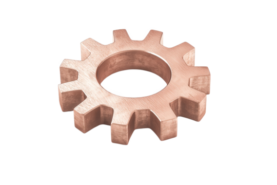 A metallic cog with a central hole and distinct, angular teeth, showcasing a copper-like finish and precise engineering.