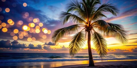 Palm trees silhouette against a star-dusted sky, ocean bokeh blurring a tropical night.
