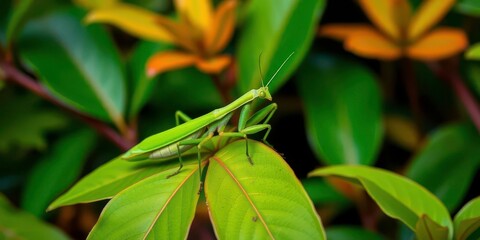 A vibrant green mantis rests on vibrant green leaves in a lush natural setting, green leaves, wildlife