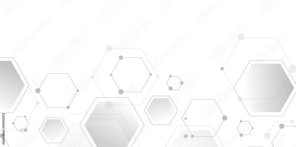 Poster Molecular structure abstract tech background. Geometric white background. Vector banner design with hexagons. Science network pattern, connecting lines and dots Medical background, Vector illustration
