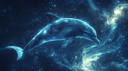 A celestial dolphin swims gracefully through a starry cosmic expanse