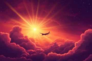 Abstract Background with Rays of Light Shining Through Dark Clouds, Airplane Flying in the Distance, Beautiful Sky for Banner or Greeting Card