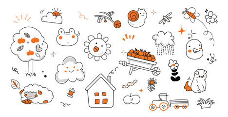 Kid cute doodle set. Cute sun, house, tree kid doodle sketch style vector. Hand drawn sun, car, rainbow elements. Funny children pen outline flower, duck, butterfly. Vector illustration.