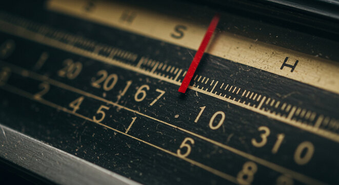 Close-up shot of a retro tabletop radio with large frequency dials and analog display, emphasizing the metallic knobs and textured speaker covering