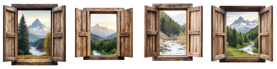 Majestic snow capped peaks lush forests and serene rivers framed by the rustic wooden of a cozy cabin in the wilderness