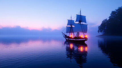 Fototapeta premium Ghostly Ship Sailing Through Misty Sunset Waters