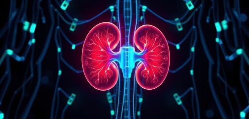 Bio-luminescent futuristic kidney, glowing internal organs, medical technology,  health, kidney