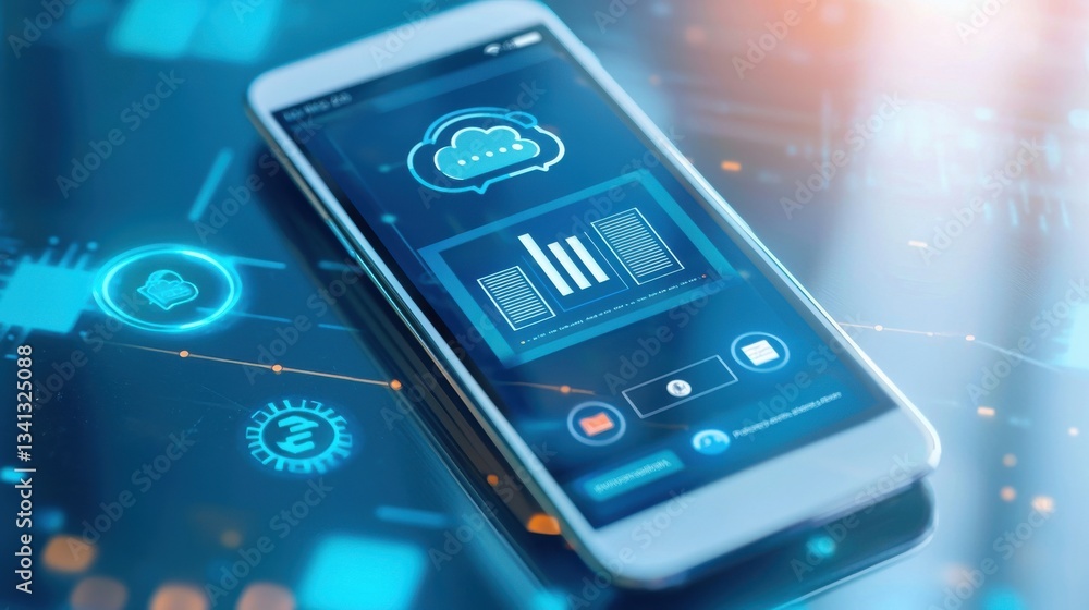 Poster modern smartphone with cloud technology and data analytics interface