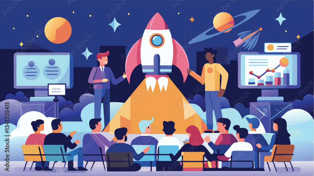 Aufkleber team collaboration in a modern workspace with a rocket launch, showcasing growth and innovation thro