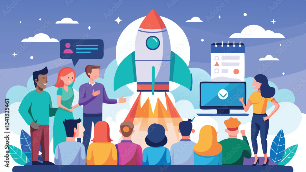 Poster Team collaboration in a modern workspace with a rocket launch, showcasing growth and innovation through graphs and digital presentations