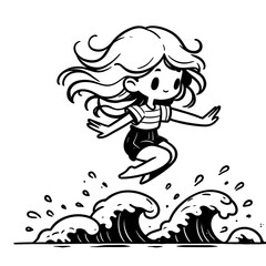 Fototapeta premium Girl jumping over waves with joy at the beach