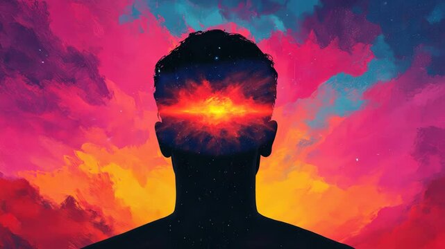 A human figure meditating with a glowing energy field around the head, symbolizing higher consciousness and spiritual enlightenment