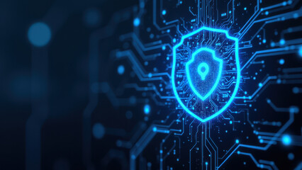Blue cyber security shield with digital background, highlighting protection and technology.