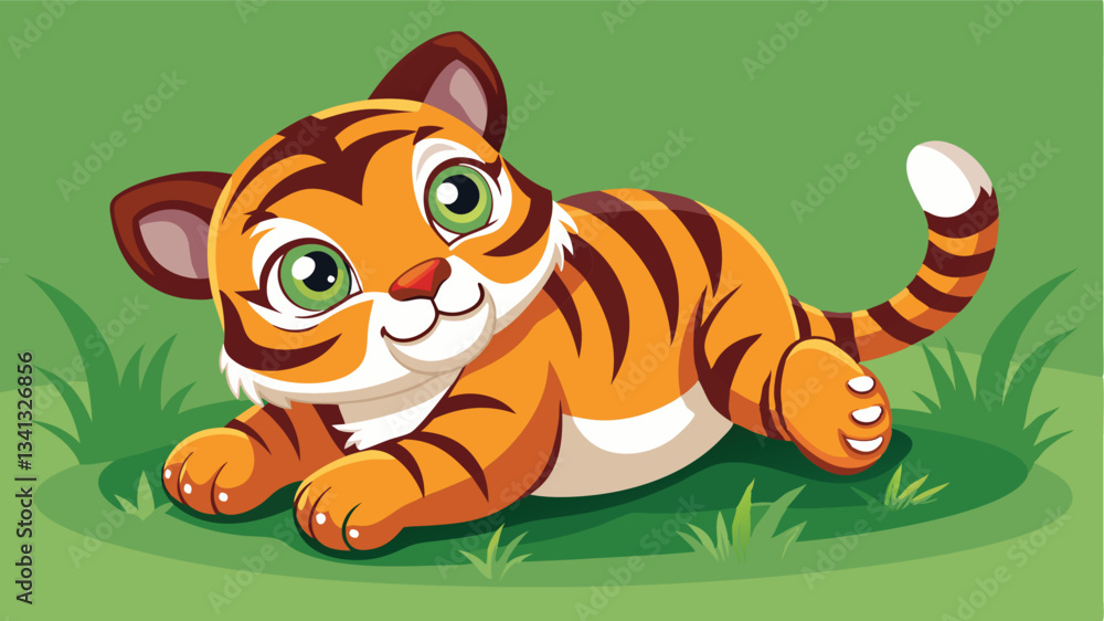 Poster cute vector illustration of a playful tiger cub relaxing in a grassy field during a sunny day in a v