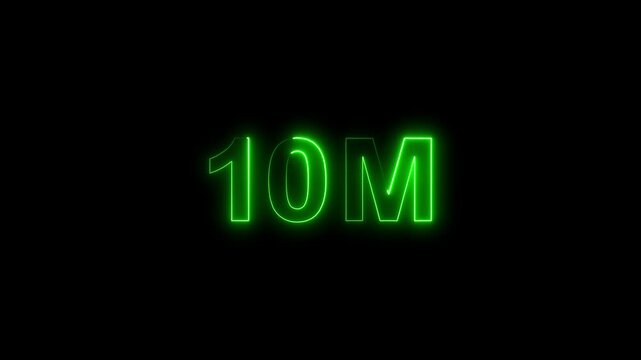 10M text animation by pink color neon on black background.Celebration 10M Text Animation 4k On Alpha.