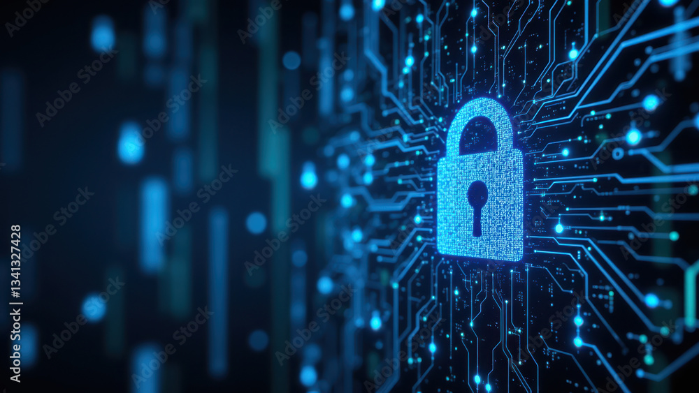 Aufkleber a vivid blue graphic representation of a locked padlock within a circuit board, symbolizing cybersec