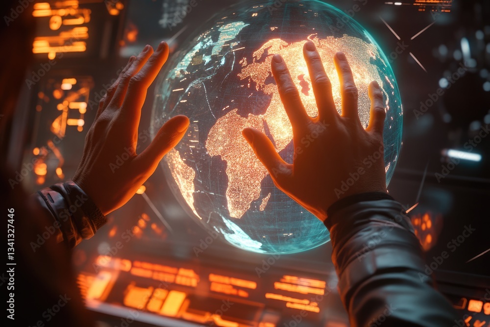 Poster hands interact with a futuristic, glowing holographic earth globe displaying global data.
