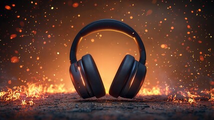 Headphones with fire backdrop, symbolizing immersive sound experiences. Perfect for ads in gaming, music production, and audio equipment reviews.