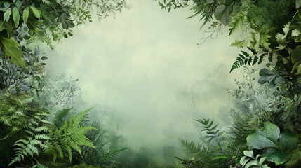Fototapeta premium Lush green foliage and ferns frame misty forest background, evoking serene and enchanted atmosphere.
