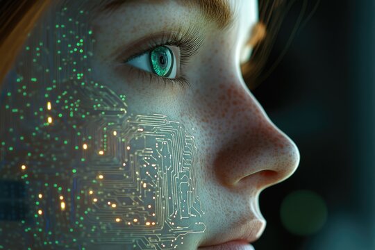 A close-up of a face with a circuit board overlay, showcasing futuristic technology and human integration.